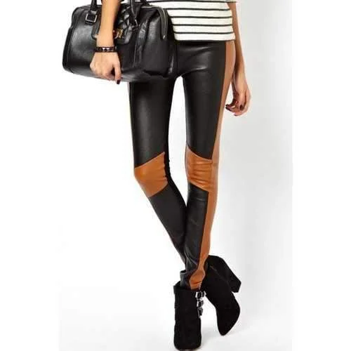 Slimming Color Block PU Leather Spliced Women's Skinny Pants - Black S Fashionable Work Pants