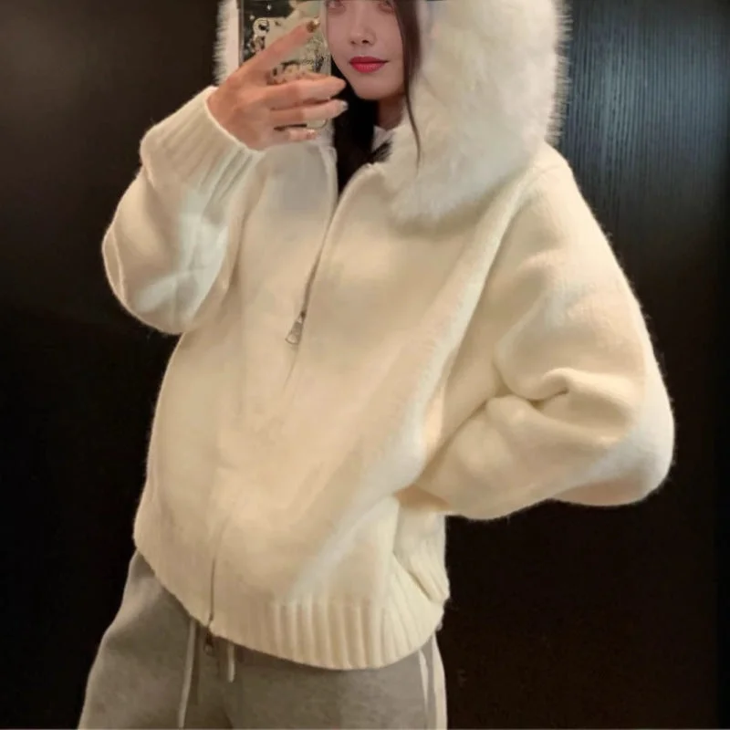 Vireous Fur Hooded Short Women's Fashion Knitted Cardigan Long Cardigan Short Cardigan Medium Cardigan