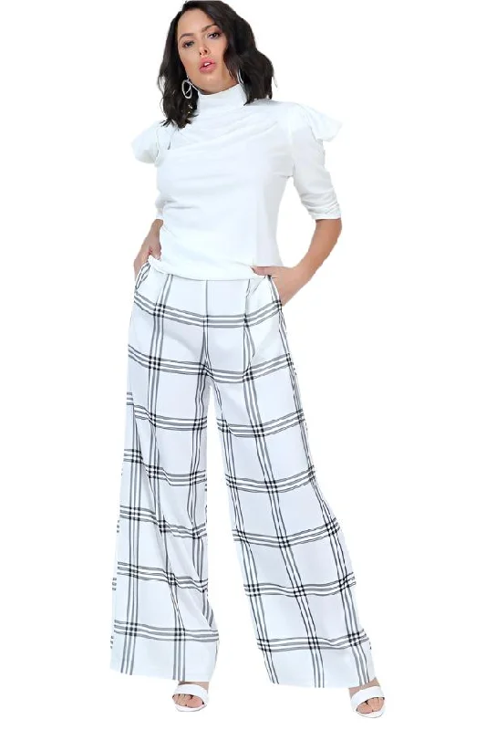 High Waist Plaid Print Wide Leg Pants Elegant Palazzo Trousers