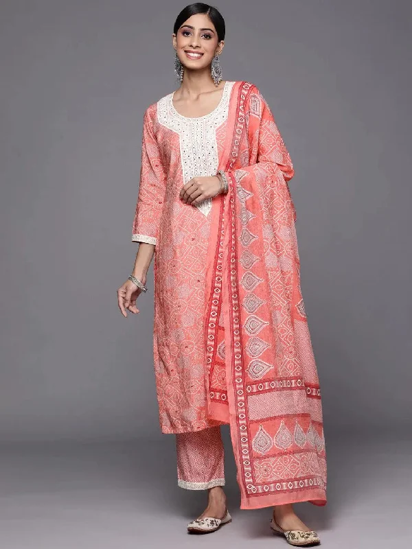 Pink Printed Silk Blend Straight Kurta With Trousers & Dupatta Wide Leg Loose Fit Mid Waist