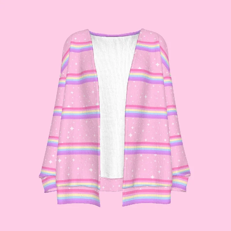 Kawaii Sparkle Cake Rainbow Beam Open Front Cardigan Tailored Straight A-Line