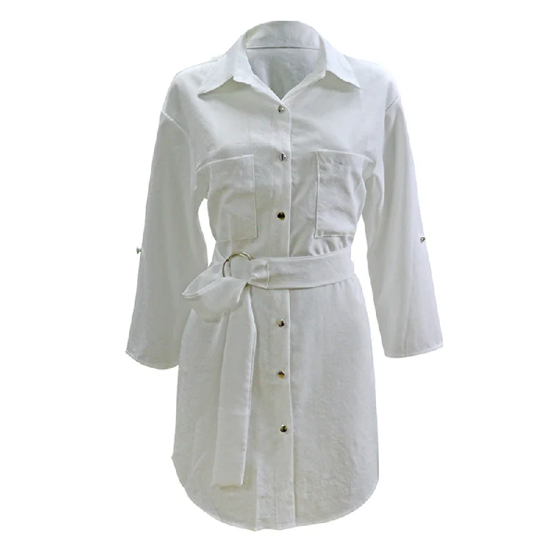 Yipinpay Popular Style Summer Belt Cardigan Solid Color Pull-Sleeved Shirt Dress Front Pockets Side Pockets Patch Pockets