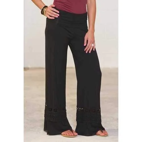 Casual High-Waisted Solid Color Wide Leg Lace Spliced Women's Pants - Black S Trendy Palazzo Pants