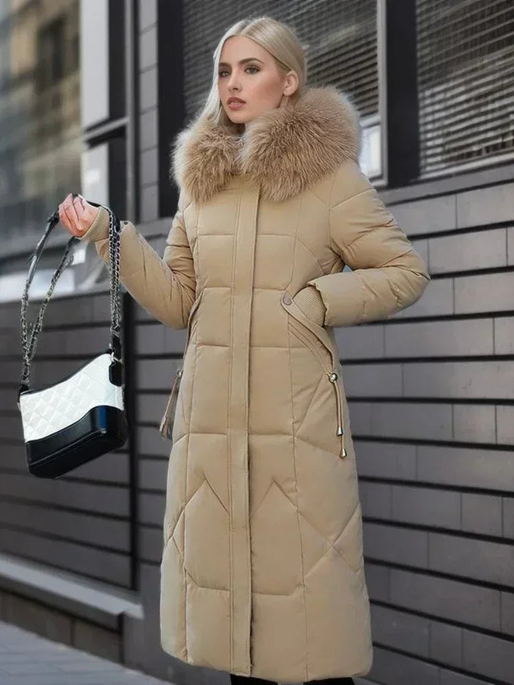 New Women's Winter Jacket 2023 Mid-length Fashion Slim Over Knee Fur Collar Thick Cotton Coat Elegant Red Parka Woman Clothing Fitted Jacket Loose Jacket Oversized Jacket