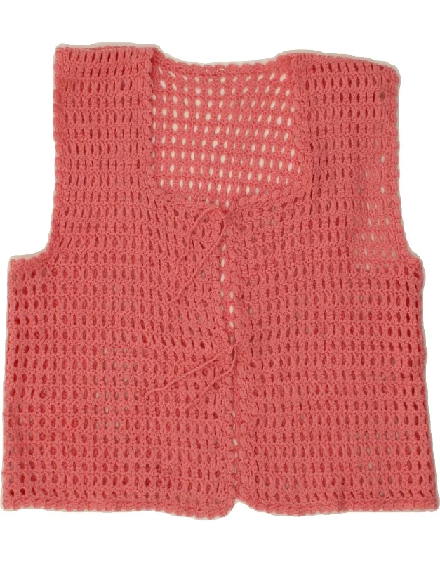 VINTAGE Womens Sleeveless Crochet Cardigan Top UK 12 Medium Pink Fleece Fabric Down Fabric Feather Fabric