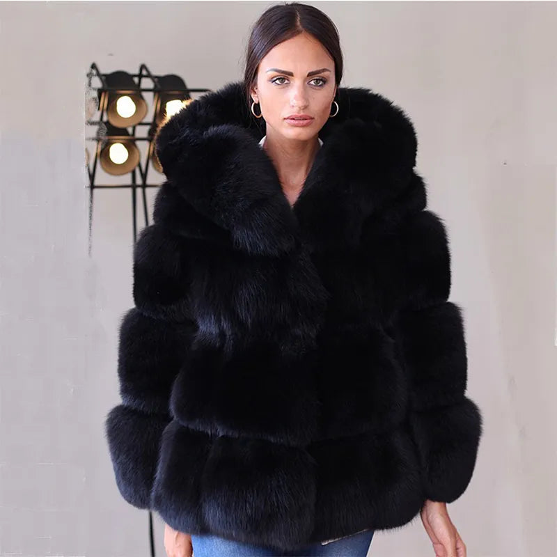 HJQJLJLS 2021 Winter New Women Elegant Black Faux Fox Fur Coat Hooded Female Thick Warm Fluffy Artificial Fur Coat Fur Jacket Boat Neck Shawl Collar Notched Collar