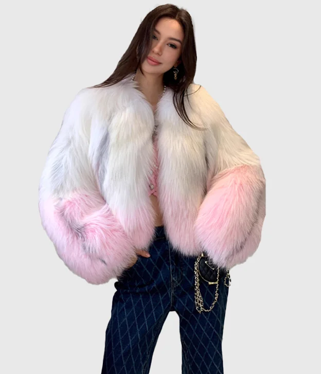 Women’s Pink Gradient Arctic Fox Fur Jacket Embroidered Jacket Appliqued Jacket Beaded Jacket