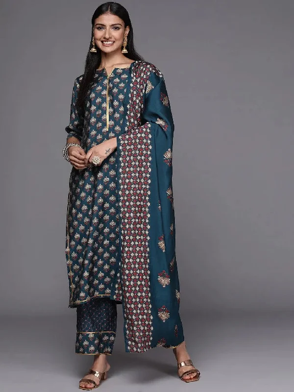 Blue Printed Silk Blend Straight Kurta With Trousers & Dupatta Trousers Travel Practical