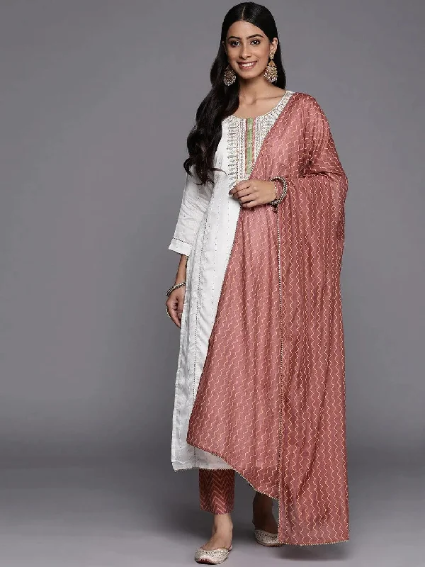 Cream Embroidered Chanderi Silk Straight Kurta With Trousers & Dupatta Trousers sophisticated sleek