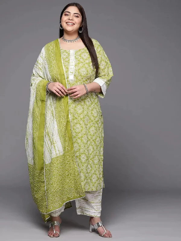 Plus Size Green Printed Cotton Straight Kurta With Trousers & Dupatta High Waist Slim Fit Ankle Length