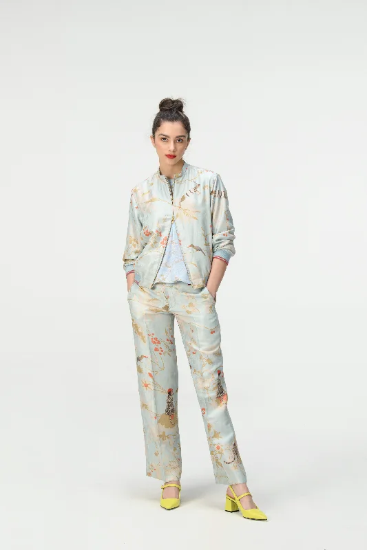 Rainforest Straight Fit Trousers Ice Blue Silk Damask Trousers Essential Wardrobe