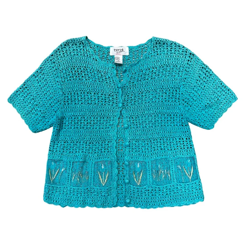 Vintage Pool Blue Mini Crochet Cardigan (M) Soft Cozy Warm