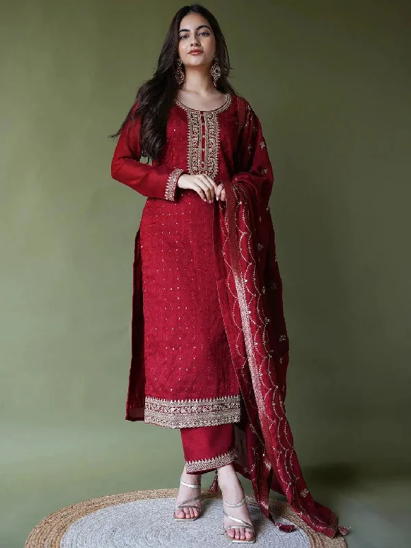 Maroon Embroidered Silk Blend Straight Kurta With Trousers & Dupatta Trousers stylish elegant