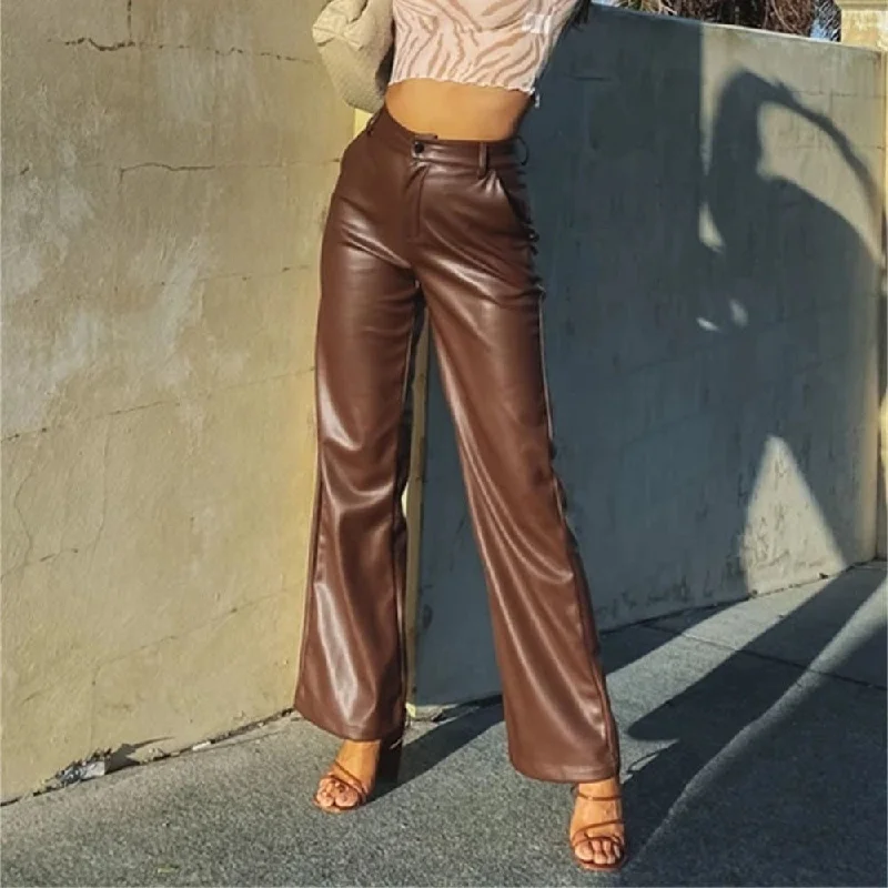 PU Leather High Waist Wide Leg Pants Comfy Zip-Up Pants