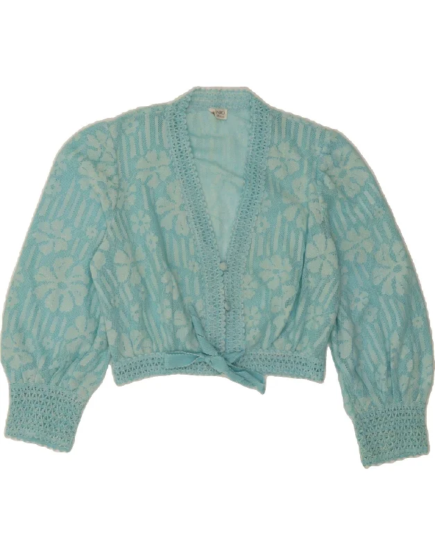 HANRO Womens Crop Front Tie Cardigan Top EU 40 Medium Turquoise Floral Print Jacquard Patchwork