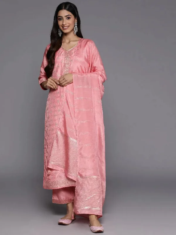 Peach Embroidered Silk Blend Straight Kurta With Trousers & Dupatta Trousers Ceremony Elegant