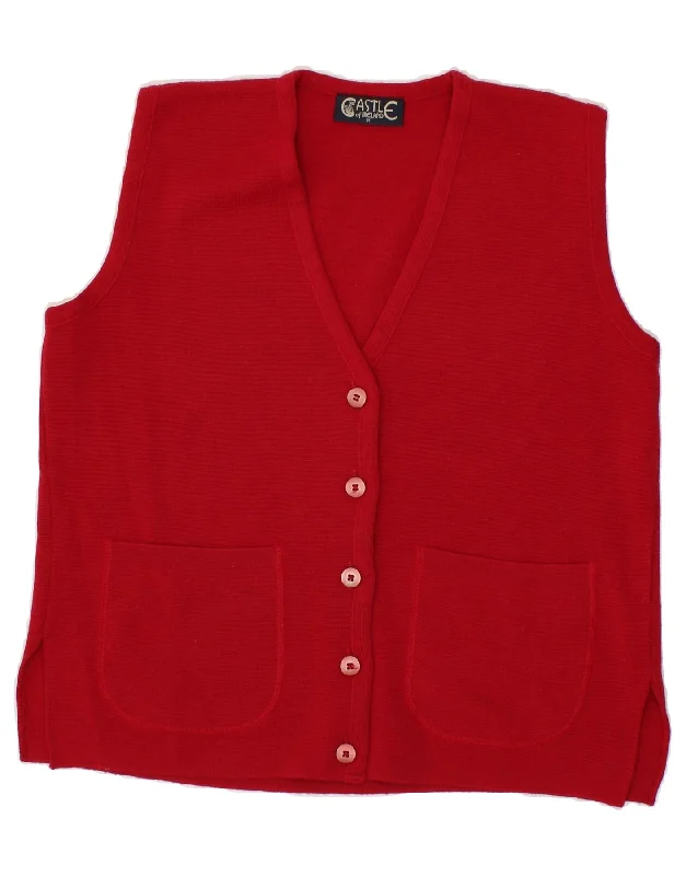 CASTLE OF IRELAND Womens Sleeveless Cardigan Sweater UK 14 Medium Red Wool Velvet Chenille Corduroy