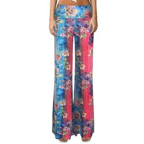 Ethnic Elastic Waist Floral Print Color Block Women's Flare Leg Pants - Xl High-Waist Trousers