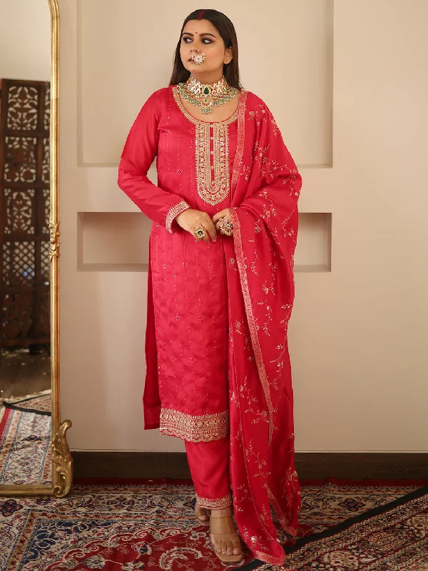 Pink Embroidered Silk Blend Straight Kurta With Trousers & Dupatta Trousers cozy soft