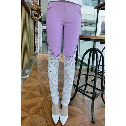 Sexy Lace Splicing Beaded Skinny Pants For Women - Violet M Comfortable Jogger Trousers