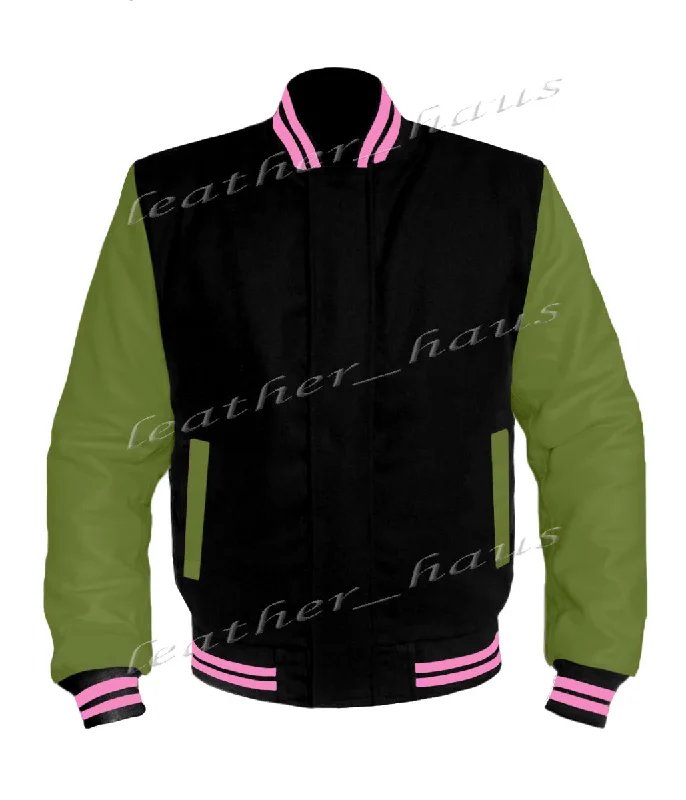 Original American Varsity Green Leather Sleeve Letterman College Baseball Women Wool Jackets #GRSL-PKSTR-BZ Notch Collar Jacket Peter Pan Collar Jacket Cowl Neck Jacket