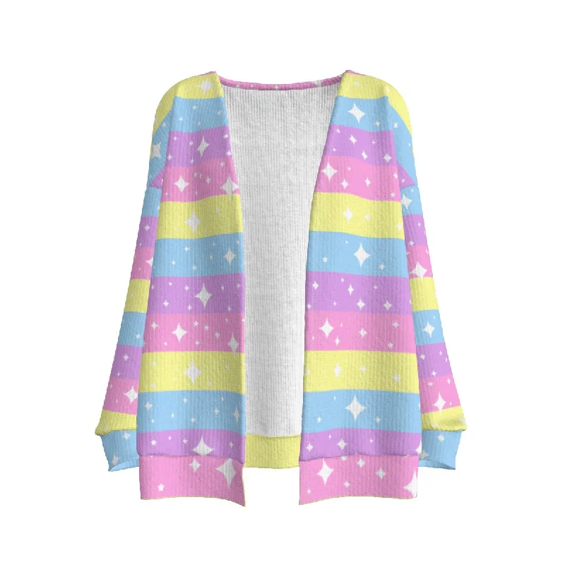 Rainbow Ribbon Open Front Cardigan Notch Collar Peter Pan Collar Cowl Neck