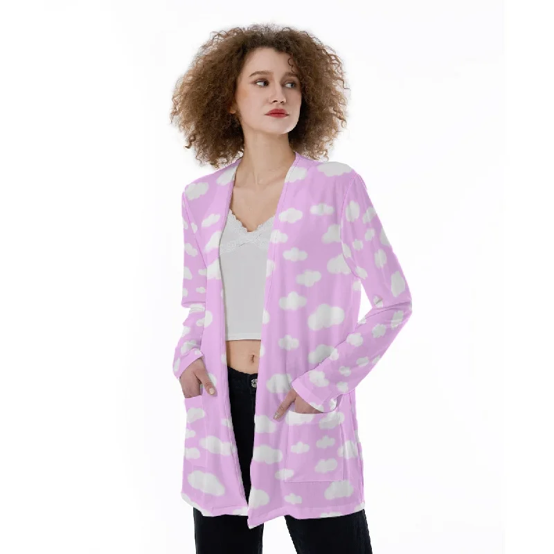 Dreamy Clouds Open Front Lightweight Cardigan With Pockets (Taffy Pink) Mesh Fabric Canvas Fabric Denim Fabric