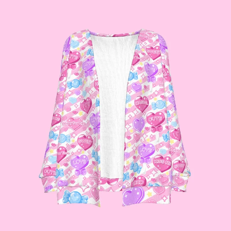 Candy Love Hearts (Colorful Cutie) Women's Open Front Cardigan Fleece Fabric Down Fabric Feather Fabric