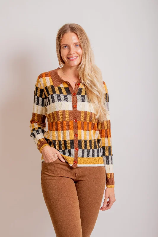 Brown Color Block Cardigan Top Welt Pockets Slit Pockets Flap Pockets