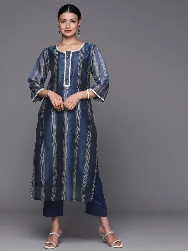 Varanga Women Navy Blue Printed Chanderi Silk Kurta With Trousers Trousers Floral Bohemian