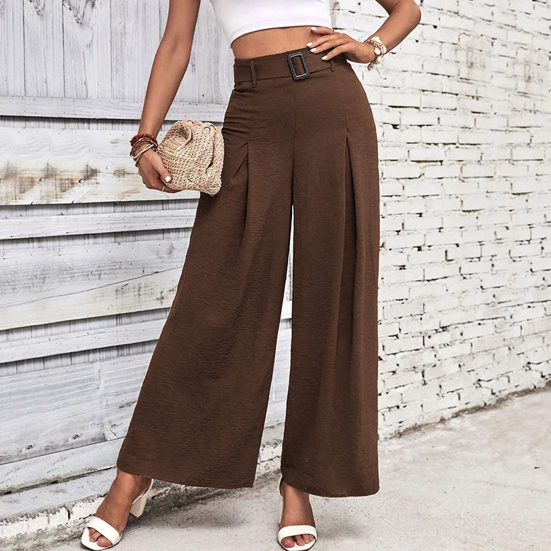 Buckle Belted Pleated High Waist Wide Leg Pants (4 colors) Relaxed Casual Leggings