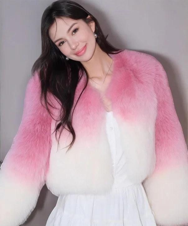 Women's Short Pink & White Gradient Fox Fur Jacket Rayon Fabric Velvet Fabric Corduroy Fabric