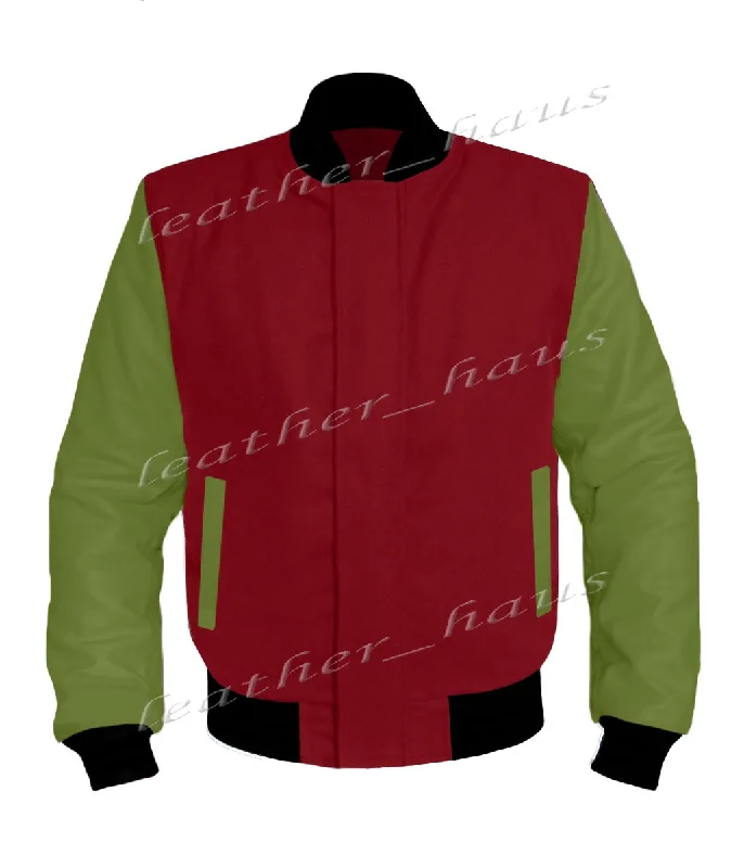 Original American Varsity Green Leather Sleeve Letterman College Baseball Women Wool Jackets #GRSL-BBAND-BZ Denim Jacket Leather Jacket Suede Jacket