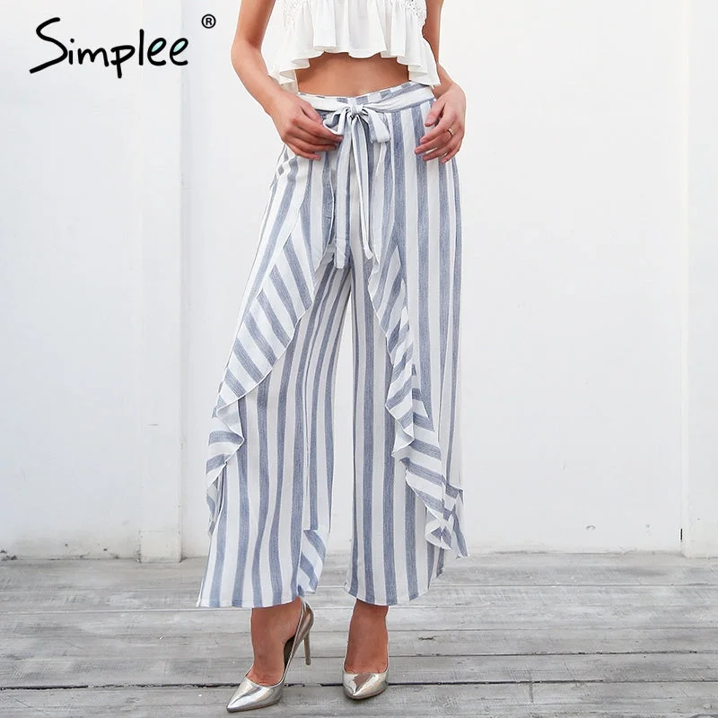 Simplee Stripe split wide leg pants women bottom Sash ruffle high waist trousers Summer beach casual pants female 2018 Trousers sophisticated sleek