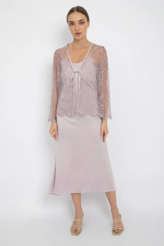 Maria Cardigan Set in Dusty Lilac Toggled Drawstring Belted