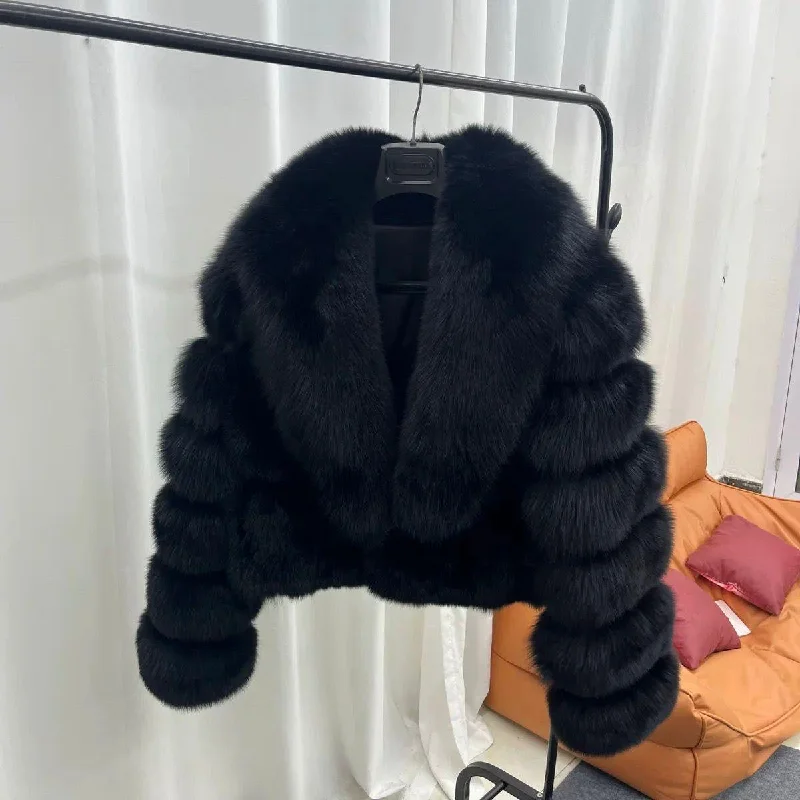 Women's Shawl Collar Black Fox Fur Jacket Snapped Jacket Toggled Jacket Drawstring Jacket