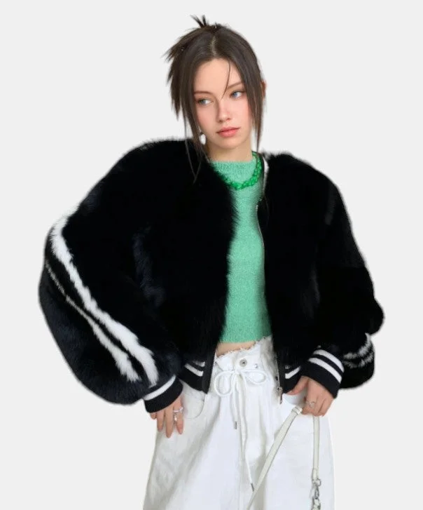 Women's Brooklyn Fox Fur Bomber Jacket Knit Fabric Woven Fabric Fleece Fabric