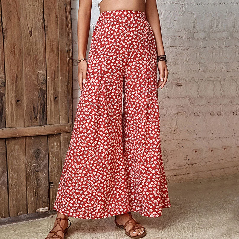 Red Floral Print Pleated Palazzo Pants Trendy Work Pants