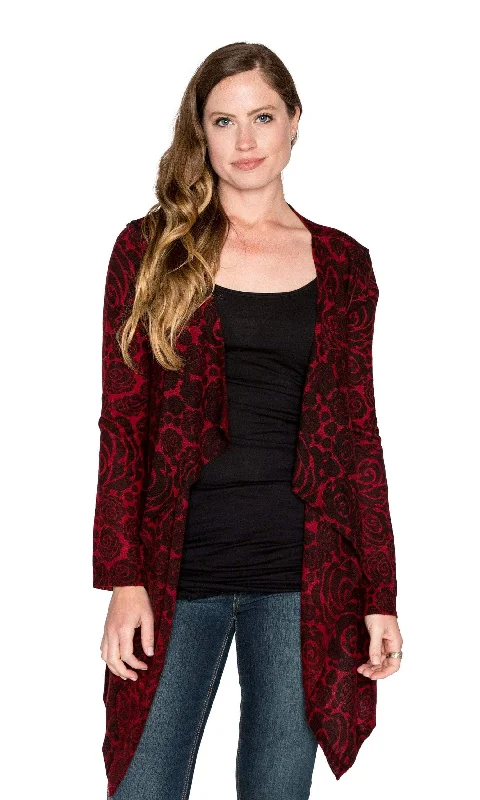 Knitwit Cashmere Open Drape Cardigan - Red Rose Patchwork Embroidered Appliqued