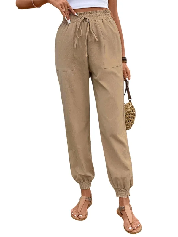 Tied Elastic Waist Pants with Pockets Fashionable Work Pants