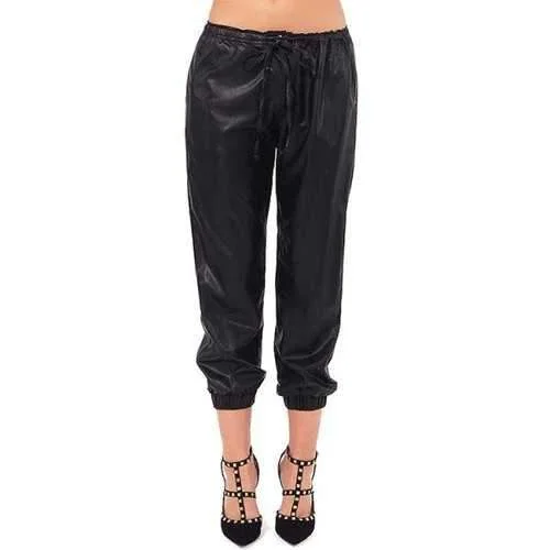 Fashionable Solid Color PU Leather Tie-Up Pants For Women - Black Xl Relaxed Fit Trousers