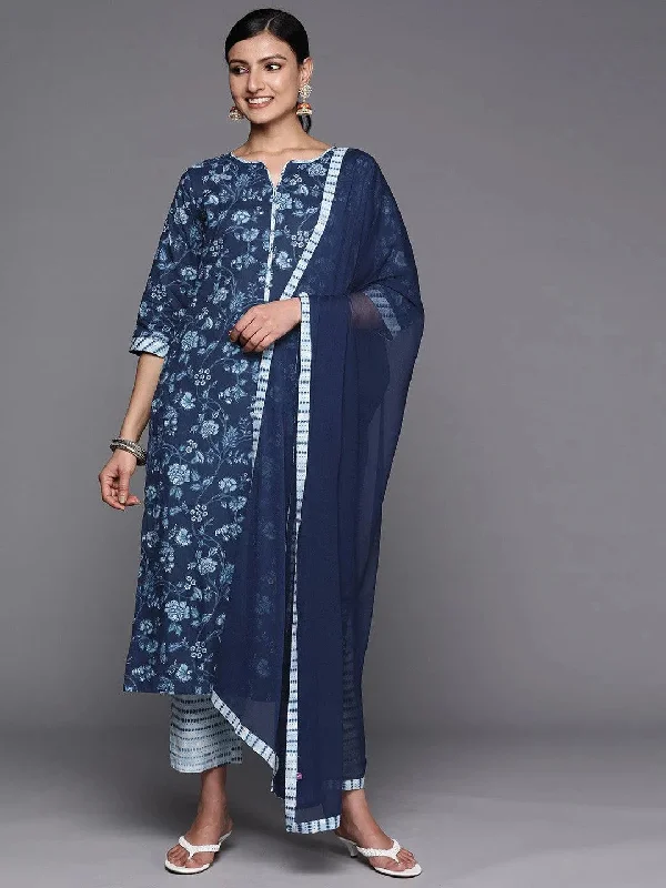 Blue Printed Cotton Straight Kurta With Trousers & Dupatta Trousers Evening Elegant