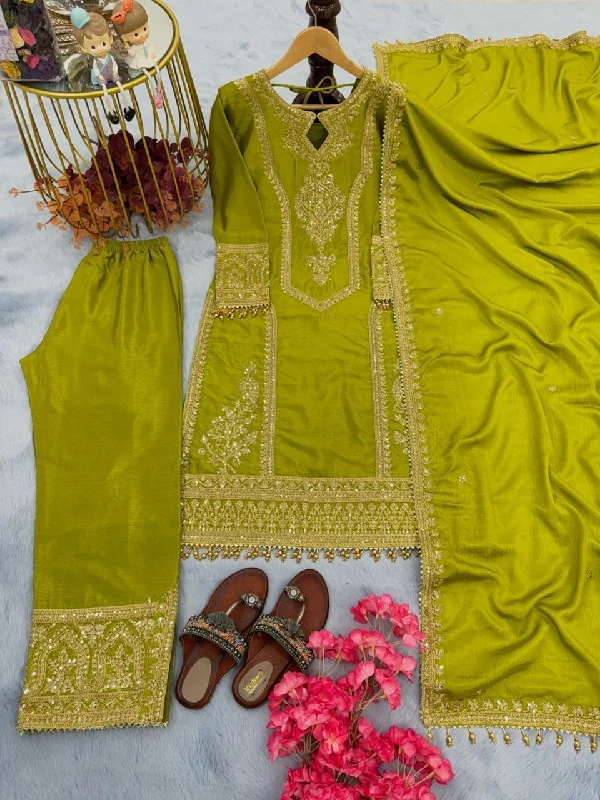 Green Chinon Silk Party Wear Suit with Intricate Embroidery - Front & Back Embroidery, Tassel Details - Cutwork Trousers, Hand-Embroidered Dupatta Trousers Spring Floral