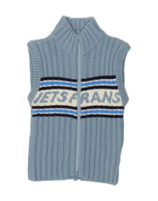 IETS FRANS Womens Graphic Sleeveless Cardigan Sweater UK 4 XS Blue Striped Fleece Fabric Down Fabric Feather Fabric