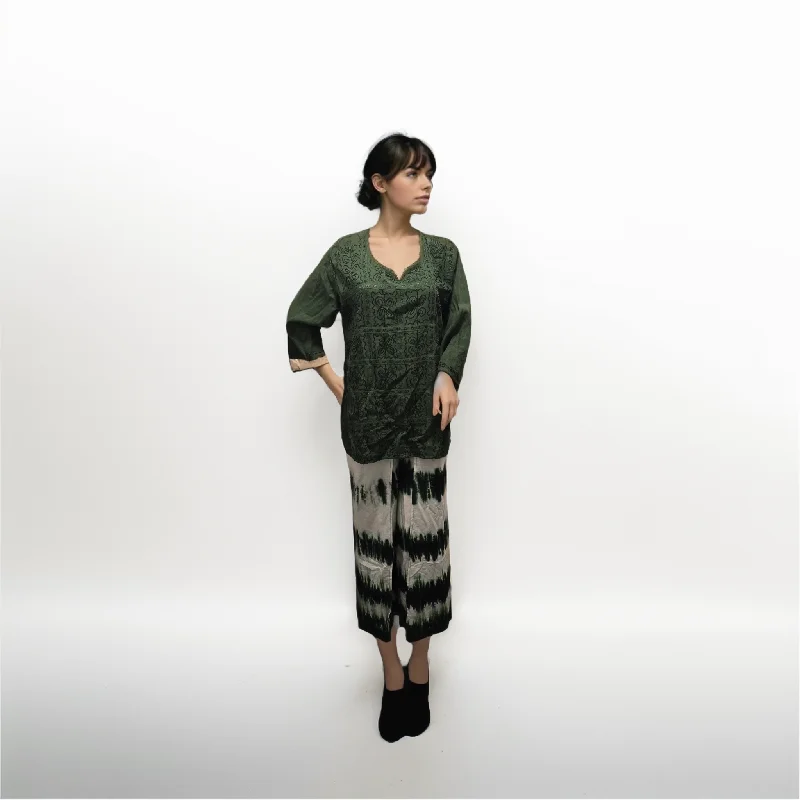 Green Chikankari Embroidered Kurti with Tie-Dye Trouser Set Trousers Gym Athletic