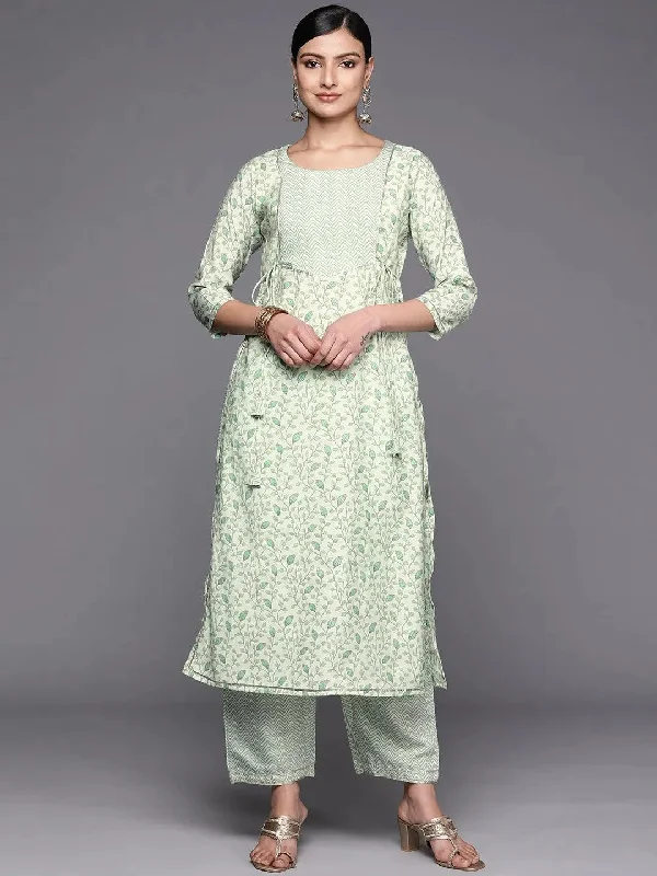 Green Printed Silk Blend Straight Kurta With Trousers Trousers Business Professional