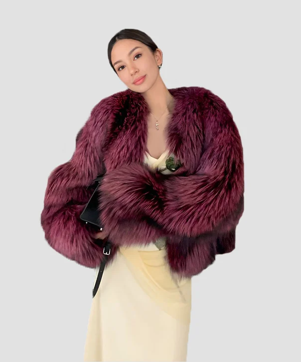 Women's Maroon Dyed Silver Fox Fur Jacket Fleece Fabric Down Fabric Feather Fabric