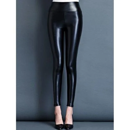 Stretchy Faux Leather Shiny Pants - Black M Comfortable Wide-Leg Pants