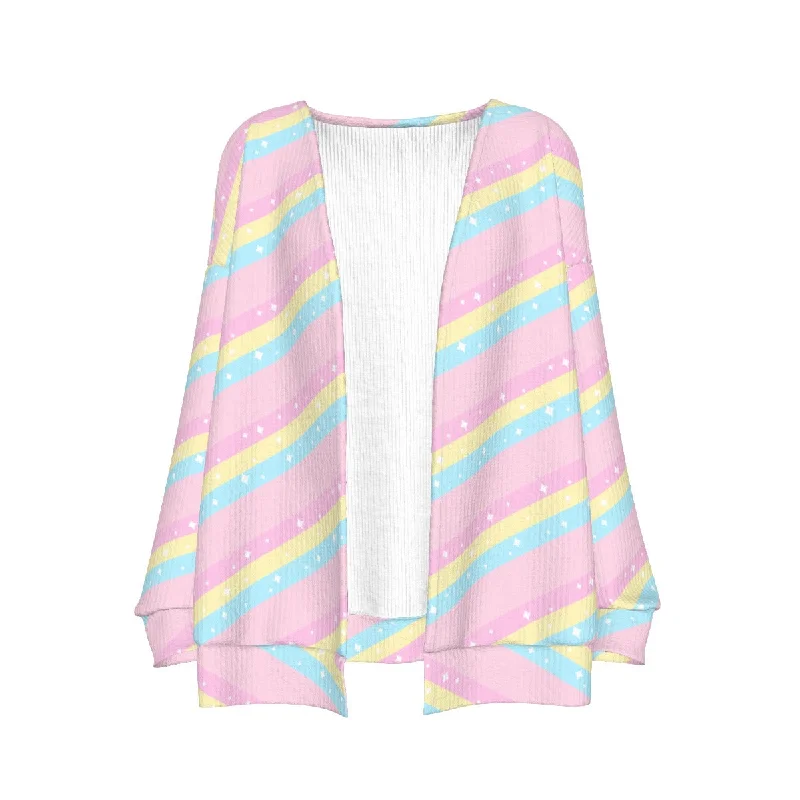 Teatime Fantasy Pink Rainbow Open Front Cardigan Zippered Buttoned Snapped