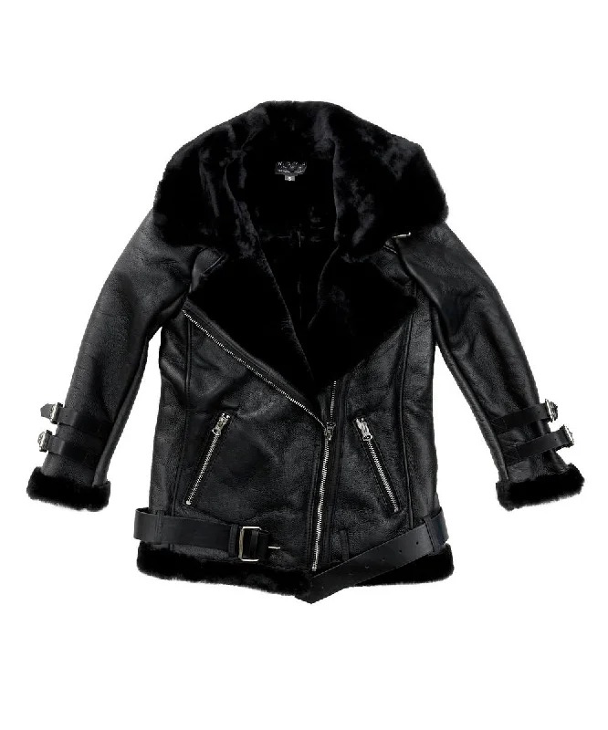 Nappa Biker Sheepskin Jacket - Women Hoodie Zip-Up Jacket Button-Up Jacket